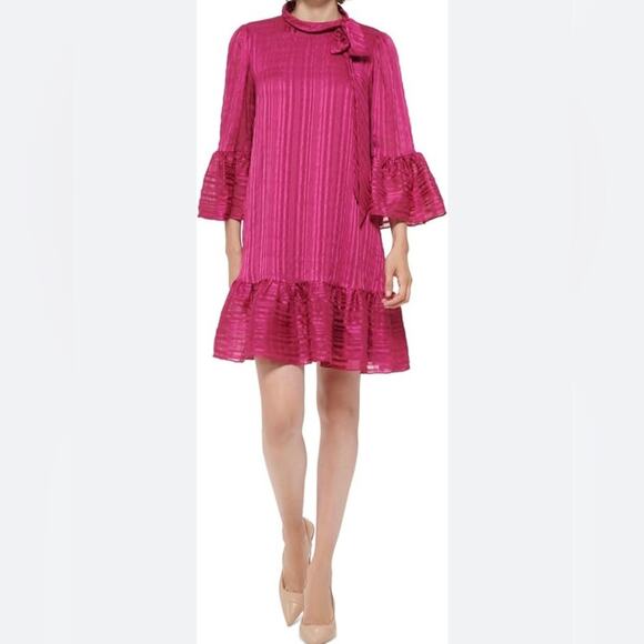 Calvin Klein Tie Neckline halfway Bell Sleeve Burgundy Red Mini Dress size 2 - Picture 1 of 15